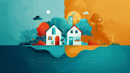 Abstract Illustration of Two Houses Divided by Water