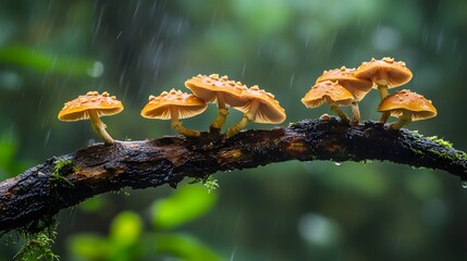 Nature brown mushrooms on dead branch in rainy season