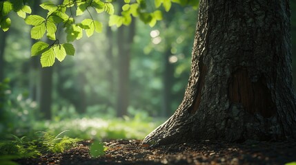 Sticker - Sunlight filtering through leaves at the base of a tree in a lush forest during early morning hours