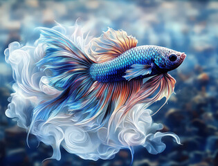 Wall Mural - Colorful Betta Fish in Abstract Smoke Swirl