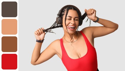 Sticker - Emotional African-American woman listening to music on light background. Different color patterns