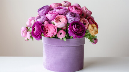 Bouquet of colourful ranunculus in a light purple round box