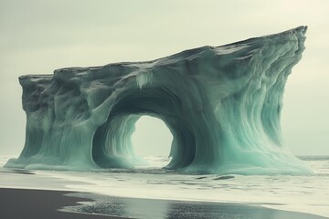 Sticker - A massive ice arch stands tall on a beach, its blue-green hues contrasting with the grey sky.