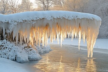 Wall Mural - Icicles hang over a frozen river reflecting the golden light of the winter sun.