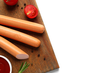 Wall Mural - Board with tasty sausages and tomatoes on white background