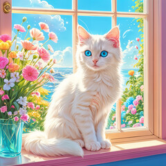 Wall Mural - A white cat with blue eyes sitting on a windowsill, looking out at a picturesque view of flowers and the ocean.