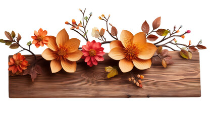 Wooden panel with autumn flowers, isolated on transparent background