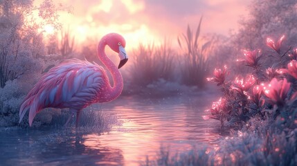 Sticker - surreal flamingo with iridescent feathers in a whimsical garden surrounded by oversized neon flowers and bioluminescent plants under a pastel sunset sky