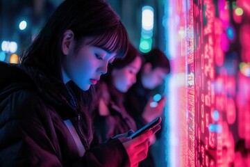 Poster - Individuals focus on their smartphones, absorbed in the virtual world, surrounded by bright digital codes during a nighttime urban setting. Generative AI