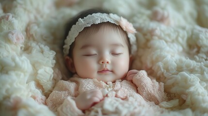 tender moment of sleeping newborn asian baby nestled in soft folds of pastel blanket gentle natural light highlights peaceful expression