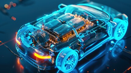 Transparent Blue Car with Glowing Engine and Wheels