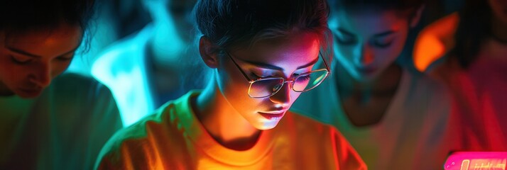 Aufkleber - A group of people bows their heads, focused on smartphone screens, immersed in digital numbers and codes, showcasing virtual isolation. Generative AI