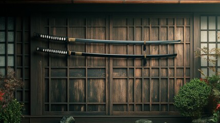 Samurai Swords on Wooden Wall:  A pair of sharp, traditional Japanese samurai swords hang on a wooden wall, showcasing the intricate craftsmanship and historical significance of these lethal weapons. 