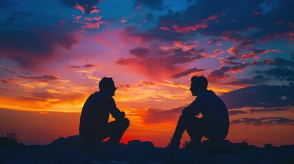 silhouette of two individuals in a discussion, highlighting concepts of communication and teamwork..