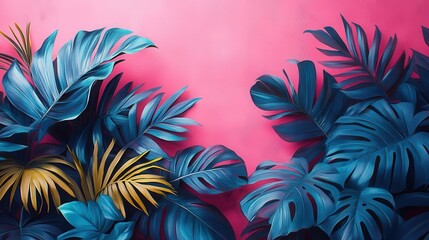 Poster - tropical pattern explosion bold magenta and turquoise leaves intertwine on vibrant pink backdrop creating a lush contemporary botanical design