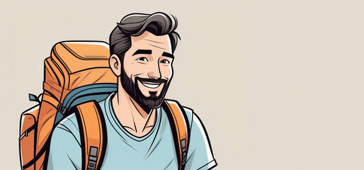 Wall Mural - A man with black hair, beard, backpack, and a smiling gesture