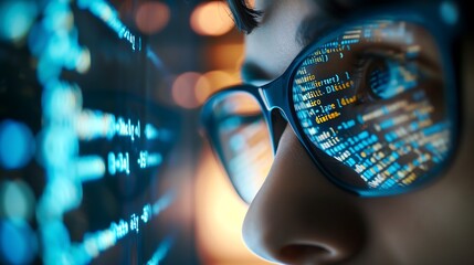 Focused developer coder looking at programming code data