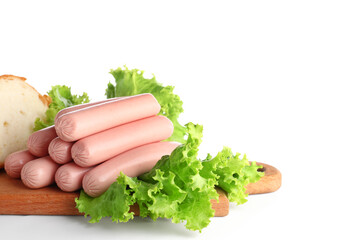 Canvas Print - Board with tasty thin sausages and lettuce on white background