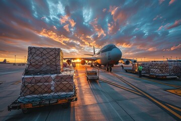 Wall Mural - A large airplane is parked on the tarmac with several boxes