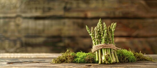 Wall Mural - Bundles Of Raw Asparagus On A Wooden Background Over Green Moss