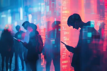 Poster - Individuals with bowed heads focus on their smartphones as digital codes and numbers create a sense of isolation in a virtual realm. Generative AI