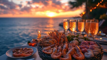 vibrant seafood platter on beachfront terrace colorful array of fresh catches golden hour light ocean view elegant table setting