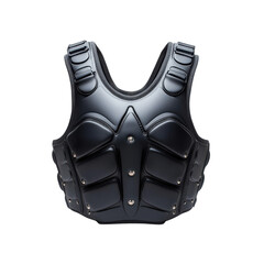 Black futuristic armor vest with a  sleek and protective design, isolated on a black background.