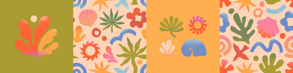 Wall Mural - vector abstract summer beach,surf club emblems.hand drawn coral,palm,ocean waves with sun.modern gra
