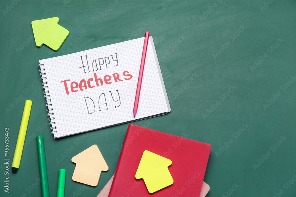 Notebooks with text HAPPY TEACHERS DAY and different stationary on green chalkboard