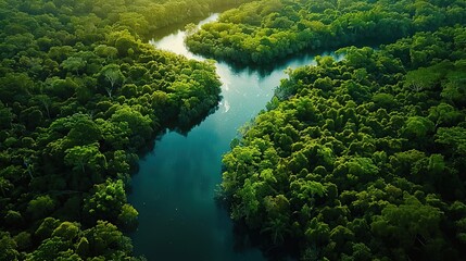 Wall Mural - Aerial View of a River Winding Through a Lush Rainforest