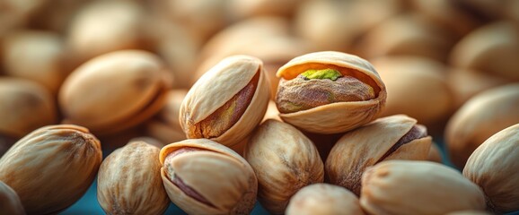 Wall Mural - Closeup of pistachio nuts, some with shells open revealing the green kernel, scattered on a table.