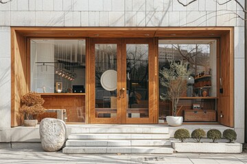 Wall Mural - A store front with a large window and a stone staircase leading up to it