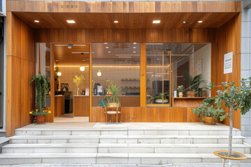 A wooden building with a glass door and a potted plant in front of it