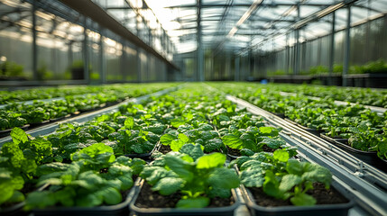 A greenhouse filled with rows of healthy green plants.