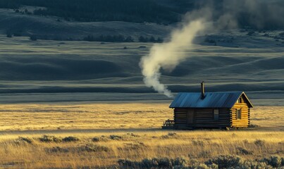 A small cabin in the middle of a field with smoke coming out of the chimney. The cabin is surrounded by a vast, empty landscape