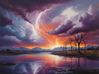 Wall Mural - Magnificent illustration landscape view of a lake by the mountains and trees with stormy weather and thunderstorm in vast clouds daylight sky