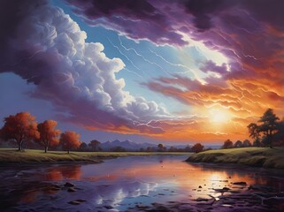 Wall Mural - Magnificent illustration landscape view of a lake by the mountains and trees with stormy weather and thunderstorm in vast clouds daylight sky