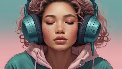 Young girl listening to music with eyes closed feeling out of this world with the headphones on, pink and light blue themed designed, calm and relaxed