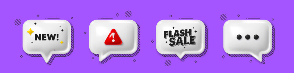 Sticker - Offer speech bubble 3d icons. New tag. Special offer sign. New arrival symbol. Arrivals chat offer. Flash sale, danger alert. Text box balloon. Vector