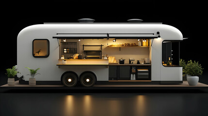 A modern food truck showcasing a stylish kitchen setup.