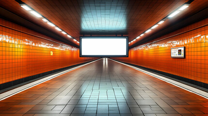 Wall Mural - A modern subway tunnel with bright orange tiles and empty tracks.