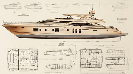 Detailed blueprint of luxury yacht with deck layouts and technical specifications