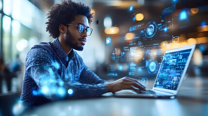 a person using a laptop with digital data overlay in a modern setting.
