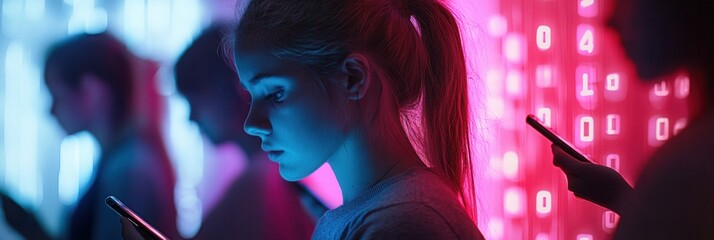 Poster - Individuals bow their heads, focused on smartphone screens, surrounded by digital codes that highlight their connection and isolation. Generative AI