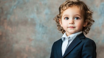 Child in business suit, soft color background 