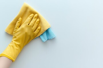 Hand in rubber gloves holding a cloth for cleaning on white background, whit copy space