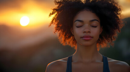 A serene woman meditating at sunset, embodying peace and mindfulness.