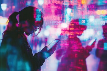 Poster - Individuals scroll on smartphones, their heads bowed, surrounded by digital codes, conveying a sense of isolation in a bustling city. Generative AI