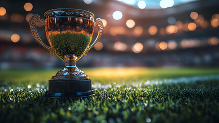 A shining trophy on a grassy field, symbolizing victory.