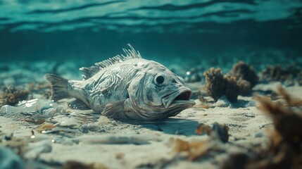 Poster - A dead fish lies on the shore, surrounded by floating plastic and oil spills, signifying environmental damage to the coral reefs. Generative AI